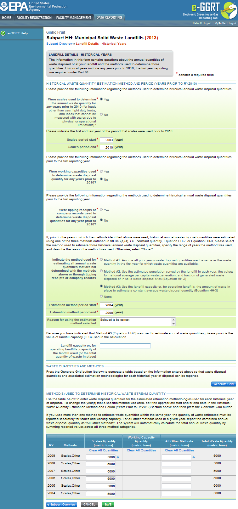 Subpart HH: Landfill Details - Historical Years with Method #3 Selected